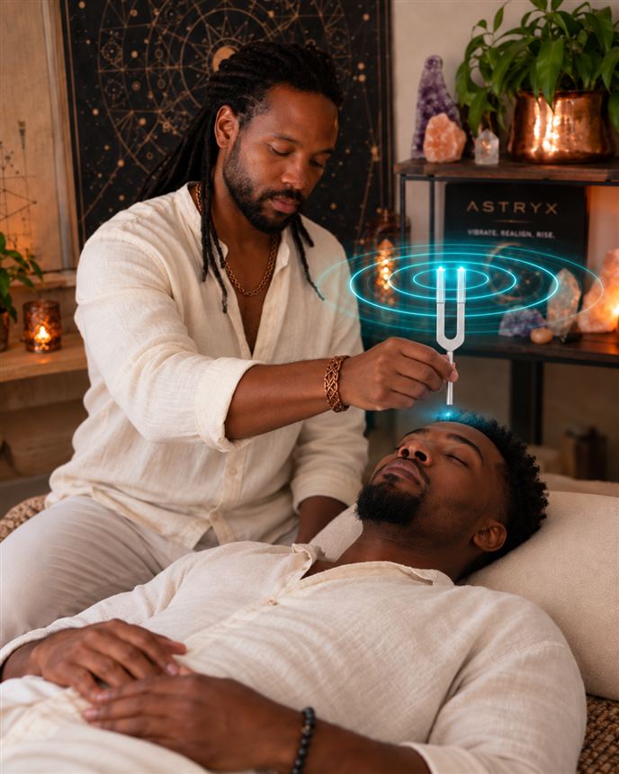 A practitioner sounds a fork above the crown of a reclining man’s head.