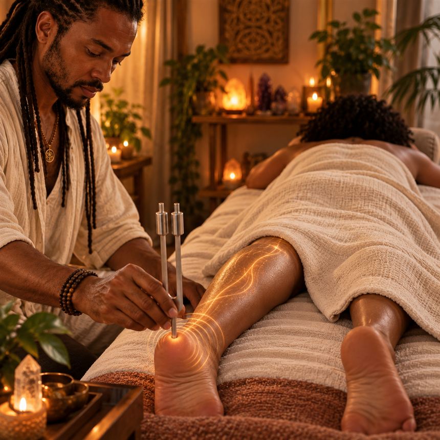 A practitioner applies a fork at the heel of a client lying face down.