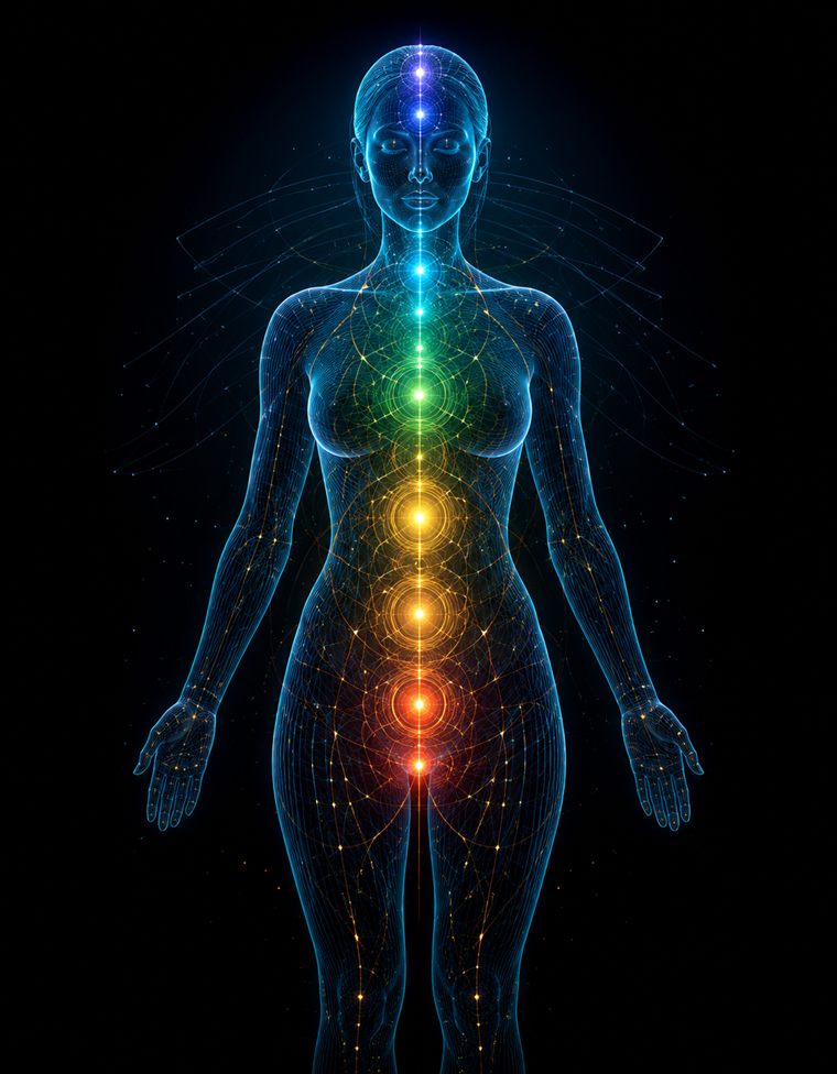 A luminous figure: the body in cyan filament with the chakra column burning crown to root.