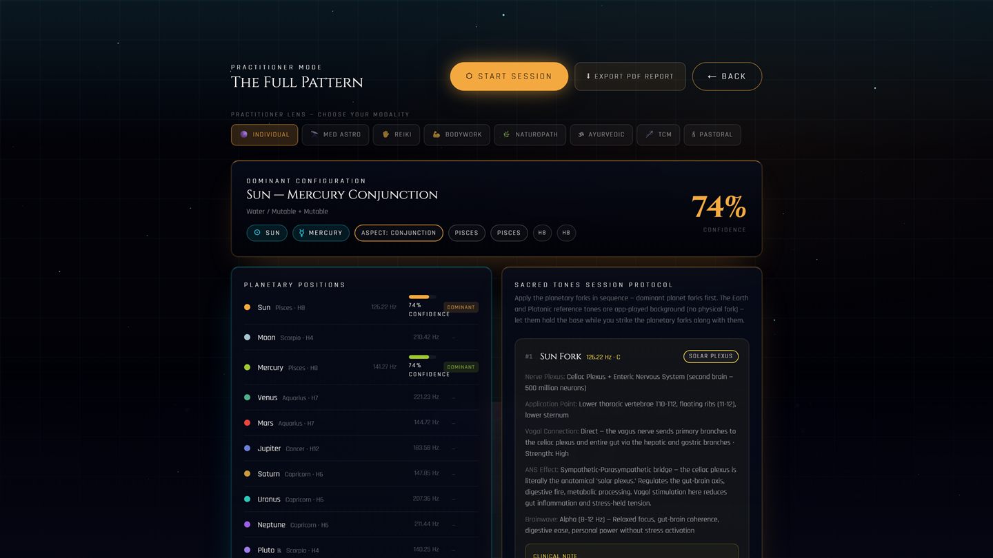 The Astryx practitioner screen: dominant configuration, planetary positions with frequencies, and the session protocol.