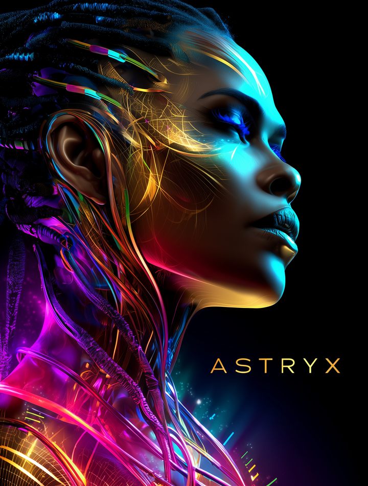 Astra, the Astryx guide, rendered in neon and circuitry.