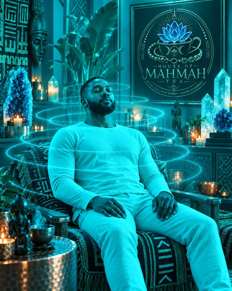 A man seated in a candlelit room, eyes closed, bathed in cyan, sound spiralling around him.
