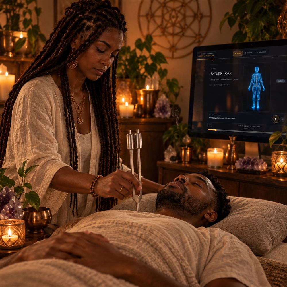 A practitioner sounds a fork over a reclining client while a screen beside them shows the Astryx chamber.