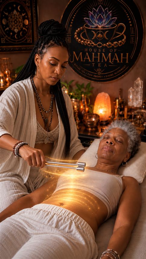 A fork held a clear distance above a reclining client’s belly, never touching.