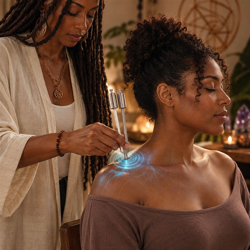 A practitioner rests a weighted fork on a seated woman’s upper trapezius.